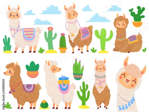 Cartoon mexican alpaca. Funny llamas, cartoon cute animal and llama with desert cactus. Sweet alpaca stickers, mexico fluffy drama llamas characters. Isolated vector icons set