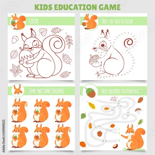 Cartoon squirrel kids games. Find two same pictures, squirrel and nut maze, coloring game and dot to dot. Kindergarten learning games with squirrel character. Isolated vector illustration set
