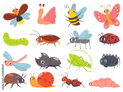 Cartoon bugs. Baby insect, funny happy bug and cute ladybug. Insects mascots, different bugs characters warm, comic snail and butterfly. Isolated vector icons set photo