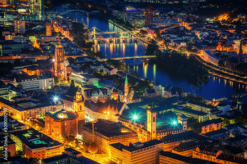 Aerial view over Frankfurt am Main at night