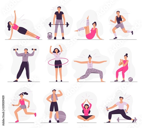 Sport people. Young athletic woman fitness activities, sports man and gym exercises. Characters gymnastics, outdoor active games and workout. Isolated vector illustration icons set
