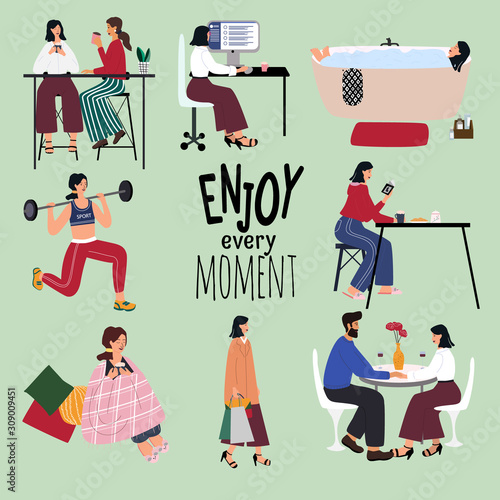Love yourself set. Vector lifestyle concept card with text enjoy every moment.  Motivation to take time for yourself: read books, go on dates, meet friends, read books, workout, healthcare. 