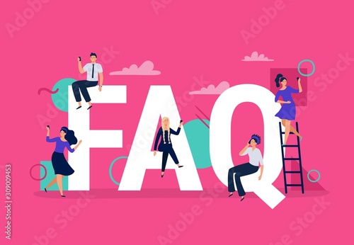 FAQ. Frequently asked questions, people with smartphones ask question and find answers. Questions help, people online assistant help, qa services vector illustration