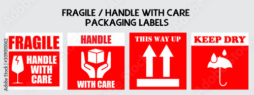 Fragile or Package Label stickers set. (Fragile, Handle with Care, This Way Up, Keep Dry). Red and White color set. Square format. photo