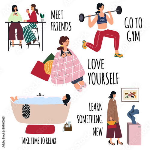 Love yourself vector set. Happy lifestyle poster. Motivation for women to take time for yourself: meet friends, go to gym, relax, learn something new, healthcare. Cartoon flat vector illustration. 