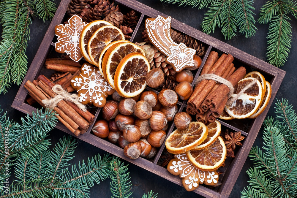Christmas homemade gingerbread cookies, spice and nuts Christmas homemade gingerbread cookies, spice and nuts