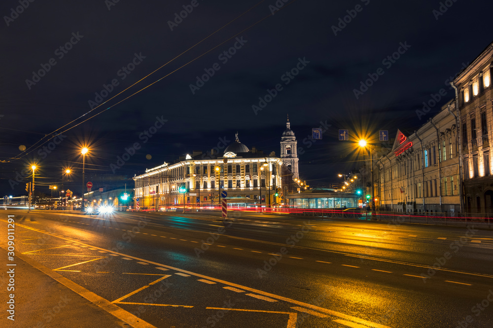 Night landscape of the city of St. Petersburg with a view of the Church of the Holy Great Martyr Catherine