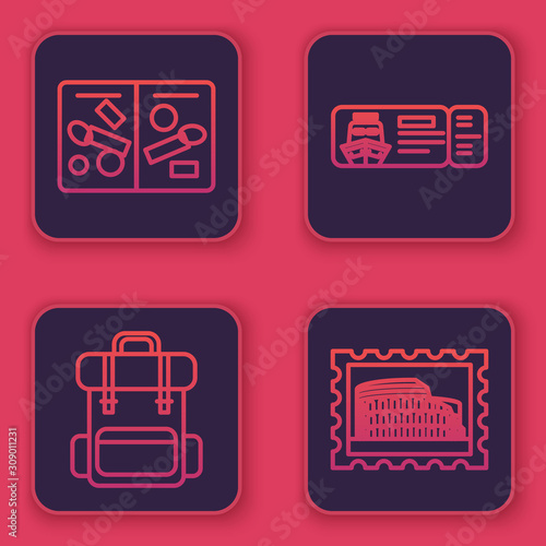 Set line Passport pages with visa stamps, Hiking backpack, Cruise ticket for traveling by ship and Postal stamp and Coliseum. Blue square button. Vector