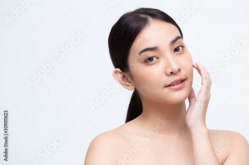 Portrait of beauty Asian woman clear healthy perfect skin isolated on white background. Beauty clinic facial treatment skincare concept