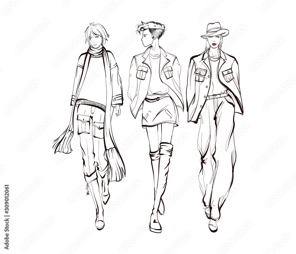 Beautiful young women. Hand drawn stylish woman portrait. Fashion lady. Winter outfit. Sketch. Fashion model posing in coat. Hand drawn fashion woman. Beautiful young women. Hand drawn stylish woman portrait. Fashion lady. Winter outfit. Sketch. Fashion model posing in coat. Hand drawn fashion woman.