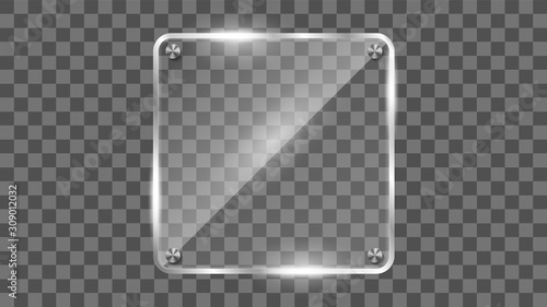 Glass frame vector. Reflecting glass banner. Gloss reflection 3d panel texture or clear window on transparent display background vector frame. 