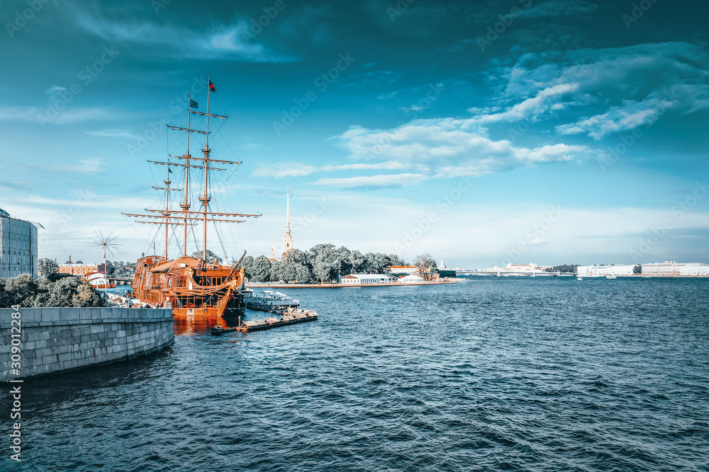 Old frigate in moorage St.Petersburg, Russia.