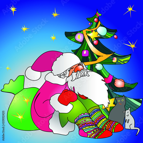 Santa Claus in knitted ornamental socks sits in the company of a mouse and a cat.