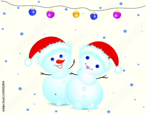Christmas card . Snowman in a Christmas hat. Snowflakes and garlands of toy balls .Vector.