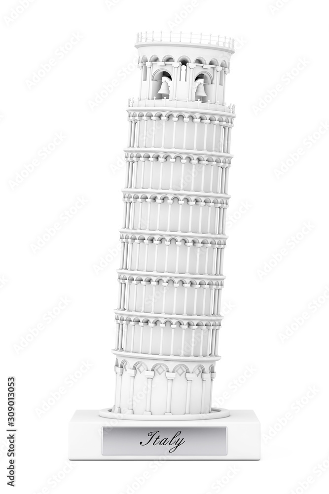 White Leaning Pisa Tower with Italy Sign. 3d Rendering