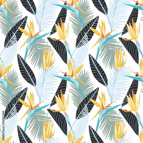  Bird of paradise flower, strelitzia tropical seamless pattern with palm tree