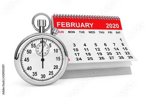 2020 Year February Calendar with Stopwatch. 3d rendering