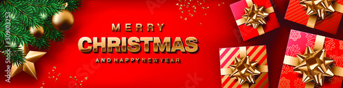 Vector website header od banner Christmas template with red background. Realistic Christmas tree branch with lights, decorations, gifts with a golden bows, confetti.