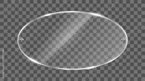 Glass frame vector. Reflecting glass banner. Gloss reflection 3d panel texture or clear window on transparent display background vector frame. 