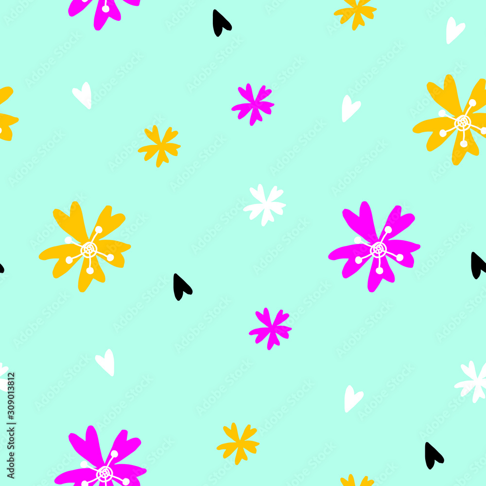 Abstract floral seamless pattern in doodle style in vector. Sweet colorful flowers pattern for textile, fabric, wrapping
