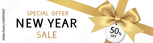 New year winter sale design template. Banner with decorative golden bow and price tag. Vector illustration