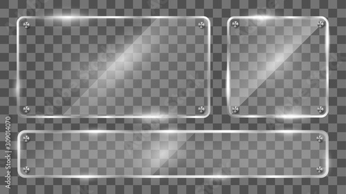 Glass frame vector. Reflecting glass banner. Gloss reflection 3d panel texture or clear window on transparent display background vector frame. 