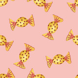 Watercolor hand painted sweet seamless pattern with yellow candy in red peas isolated on the pink background, trendy lovely print for children and holiday celebration design