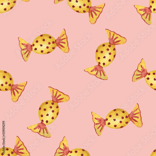 Watercolor hand painted sweet seamless pattern with yellow candy in red peas isolated on the pink background  trendy lovely print for children and holiday celebration design