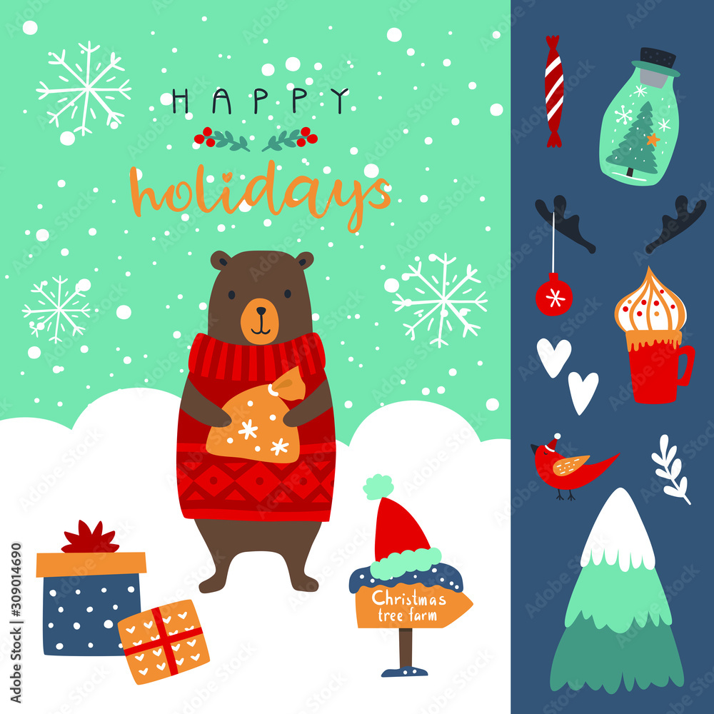 Fototapeta premium New Year greeting card with bear , gift boxes , snowflakes , sweets , bird , tree ,cup and inscription Happy Holidays . Christmas vector set