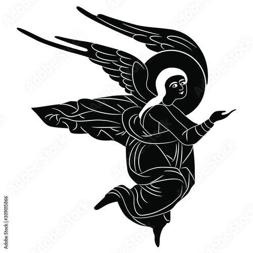 Silhouette of flying angel. Vintage style. Black and white art. Russian orthodox style. Isolated vector illustration.	