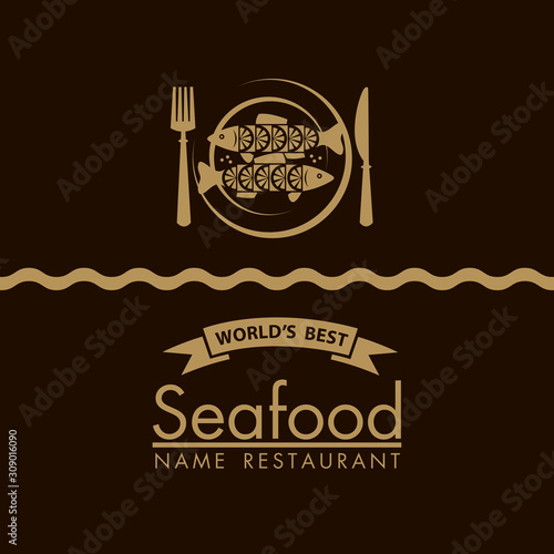 seafood menu design with fish and plate on black background