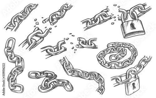 Sketches of chain links and lock, bond and padlock