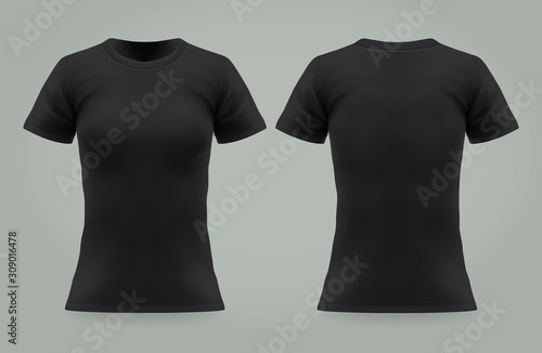 Isolated black t shirt for woman, front, back view