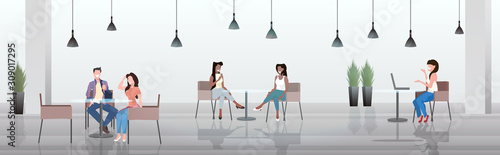 people sitting at cafe tables mix race visitors discussing during meeting modern restaurant interior horizontal sketch full length vector illustration