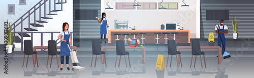 cleaners team working together mix race janitors in uniform floor care cleaning service concept modern cafe interior horizontal full length vector illustration