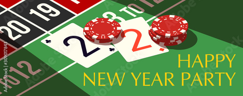 Happy New Year party 2020 casino poker chips and playing cards isometric banner. Greeting card isometry playing cards & chips flyer. 2020 Happy New year banner. Casino isometric Merry Christmas party