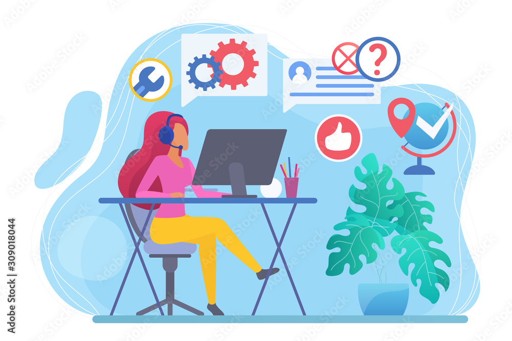 Call center flat vector illustration. Telephone consultant at workplace. Woman in headphones in office. Online technical support. Phone operator faceless character. Customer service concept