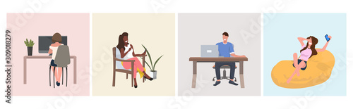 set mix race people sitting on armchair men women using laptop or smartphone digital gadgets full length horizontal vector illustration