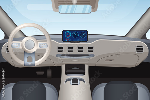 Luxurious beige car interior vector illustration. Dashboard and windshield view from front seats. Control panel and steering wheel in modern automobile. Realistic inside look of high class vehicle