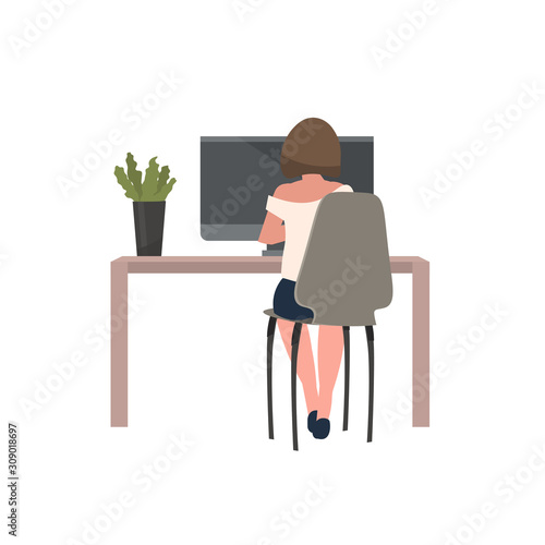 businesswoman sitting at workplace rear view business woman office worker using laptop full length vector illustration