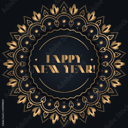 Happy new year greeting illustration. Gold floral ornament on black background.