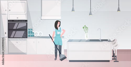 woman using broom female janitor in uniform sweeping floor doing housework cleaning service concept modern kitchen interior horizontal full length sketch vector illustration