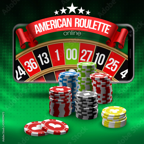 illustration Online Poker casino banner with mobile phone and roulette. Marketing Luxury Banner Jackpot Online Casino with New model Smartphone and roulette Advertising poster with red ribbon for text