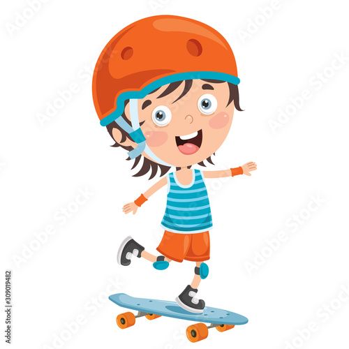 Happy Little Child Skateboarding Outside