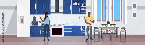woman using rag man mopping floor family doing housework cleaning service concept modern kitchen interior horizontal full length vector illustration