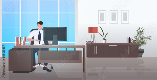 businessman sitting at workplace smiling business man working at laptop modern office interior horizontal vector illustration