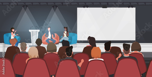 business people sitting on bean bags giving speech on conference meeting modern boardroom interior full length horizontal vector illustration