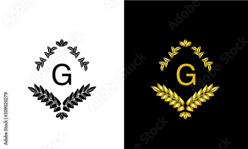 Design of magnificent ancient monogram. Decorative ornament on dark and light background with letter G. Gold and black pattern of brand, business sign, restaurant, boutique, hotel, emblem, jewelry.