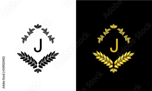 Design of magnificent ancient monogram. Decorative ornament on dark and light background with letter J. Gold and black pattern of brand, business sign, restaurant, boutique, hotel, emblem, jewelry.