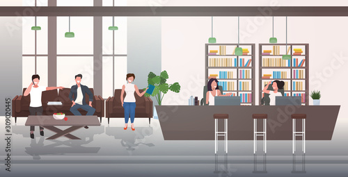 businesspeople discussing during meeting in lobby with reception counter creative co-working business center office interior horizontal full length vector illustration